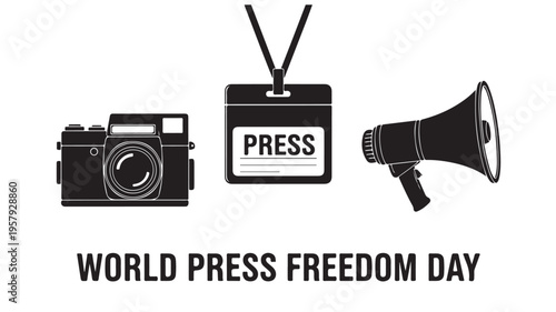 World Press Freedom Day icons in black and white minimalist style for journalism and media