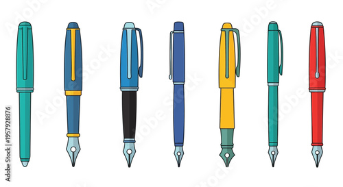 Collection of colorful fountain pens displayed in a linear arrangement