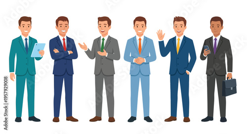 Group of diverse businessmen in suits standing together cheerfully