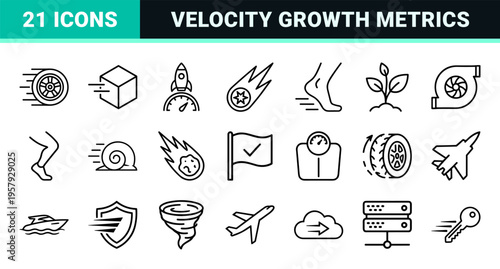 Performance Velocity and Logistics Efficiency Line Icons. Minimalist monoline geometric line art for data speed, rapid growth, and transit.