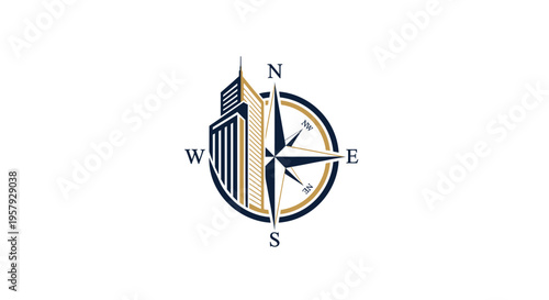 Urban Navigation Compass with Cityscape Buildings - Directional Symbol