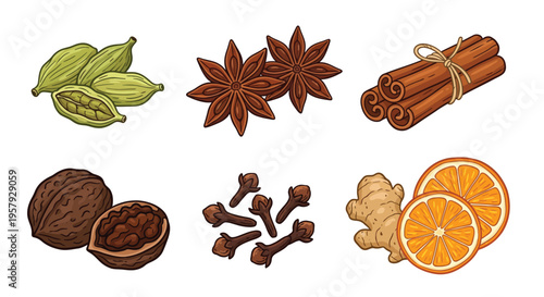 A colorful assortment of spices fruits and a nut on a white background