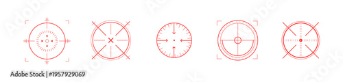 Crosshair Hud red. Various neon glowing light. Laser Hud icons for futuristic game interface. Navigation tech elements in cyber aesthetic. Military Vector illustration.