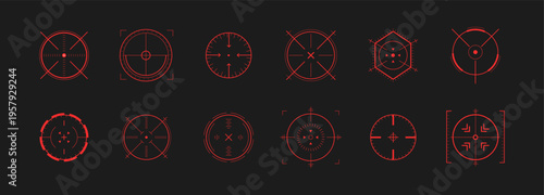 Crosshair Hud red. Modern aim icon and target set for shooting games. Futuristic signs and tech Hud elements for military interface design. Vector eps 10.