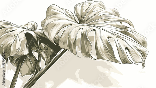 Tropical Leaves Pattern, Artistic Monstera Deliciosa Illustration