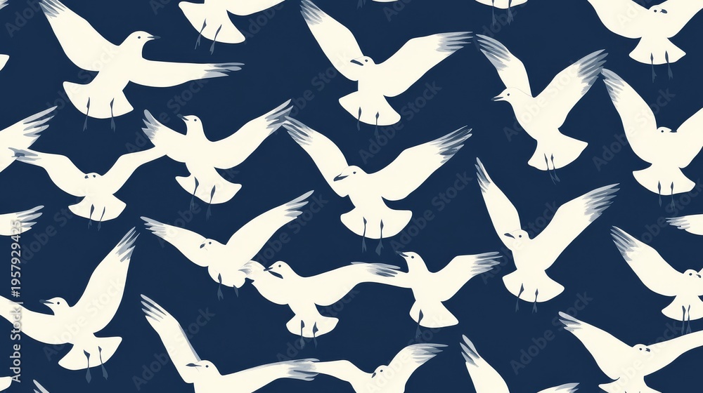 Fototapeta premium A playful yet sophisticated repeating pattern of white seagull silhouettes, some flying up, some diving down, creating a lively rhythm across a classic navy blue field, perfect for wallpaper or