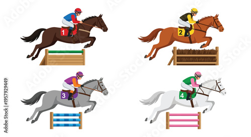 Four equestrian athletes jumping obstacles in a vibrant illustration