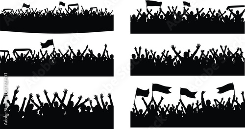 Cheering crowd silhouettes with raised hands and flags isolated on white background, enthusiastic audience collection for concert, protest, celebration and sports event design
