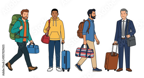 Four diverse men traveling with various luggage and personal belongings