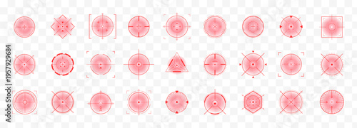 Crosshair Hud red. Futuristic aim simulator. Sniper scope target for shooting game. UI Vector illustration.