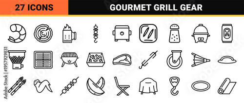 BBQ and Outdoor Grilling Minimalist Monoline Icon Set featuring Geometric Line Art Symbols for Culinary Equipment and Meat Preparation