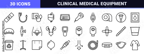 Medical Catheter and Urology Line Art: Minimalist Monoline Symbols for Healthcare, Urinary Care, and Clinical Hospital Equipment Systems.