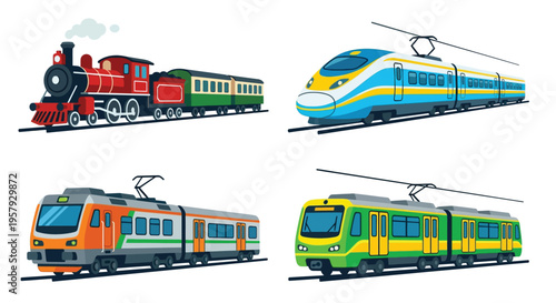 Illustration of vintage and modern trains traveling on railway tracks