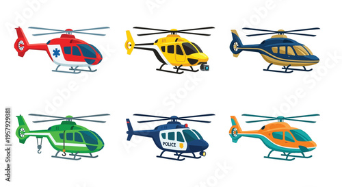 Colorful cartoon illustration of six different helicopters in varying designs