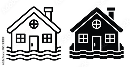 Two stylized house one outlined and one solid black, submerged in water