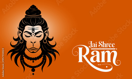 Lord Hanuman Sacred Face with Jai Shree Ram Devotional Text on Orange Background, Hindu God Bajrangbali Spiritual Festival Greeting Card Art for Ram Navami