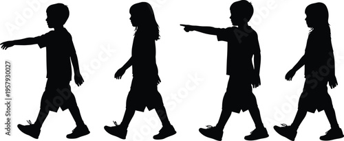 Children walking silhouettes collection, kids boy and girl movement poses, childhood activity isolated black child silhouettes