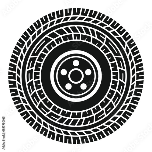 Detailed black and white illustration of a rugged car tire tread pattern, emphasizing durability and traction