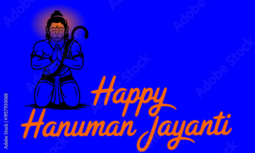 Happy Hanuman Jayanti Festive Greeting Card with Lord Hanuman Standing Figure on Royal Blue Background, Sacred Hindu God Festival Celebration Devotional Poster Art