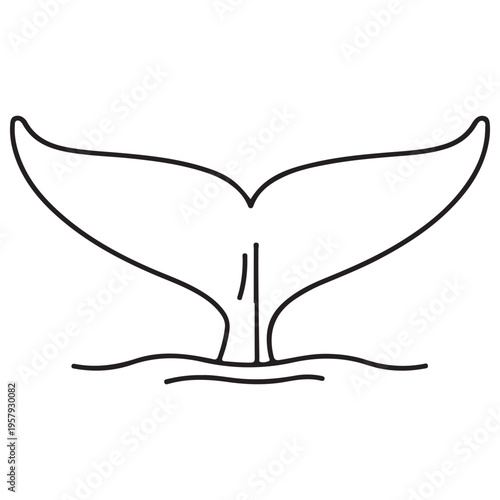 Minimalist whale tail fluke line art illustration emerging from the ocean waves, representing marine life conservation and sea exploration with a clean black and white aesthetic.