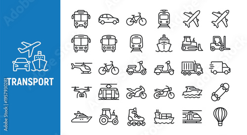 Collection of various transport icons in a linear style