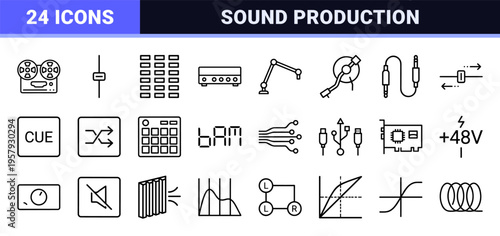 Professional DJ and Audio Engineering Equipment Outline Icons Featuring Minimalist Geometric Sound Waves Music Studio Gear and Playback Tools