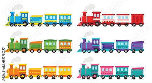 Colorful cartoon trains arranged in rows on a white background