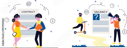 Illustration of hiring process from contract signing to job vacancy announcement