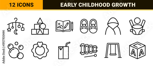 Childcare and Parenting Essentials Line Art Featuring Minimalist Monoline Geometric Outlines for Modern Nursery and Educational Apps