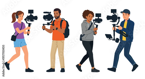 Four diverse people operating gimbal stabilizers with cameras and equipment