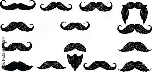 mustache, beard, silhouette, hair, style, barber, vintage, hipster, grooming, facial, collection, black, vector, illustration, design, retro, fashion, set, icon, flat