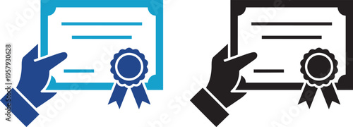 Certificate silhouette icons with hands holding documents and ribbons
