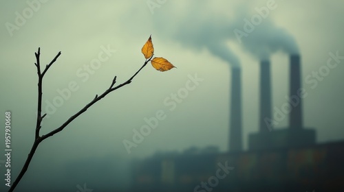 A single, fragile tree branch with one cleft and discolored leaf, jutting out in the foreground, starkly contrasted against a background of massive, billowing smokestacks from a factory under a hazy,