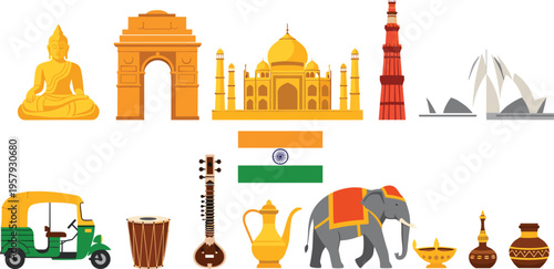 India culture and landmark icons set with Taj Mahal Qutub Minar auto rickshaw elephant and traditional elements flat vector illustration isolated