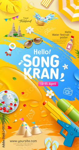 Songkran water festival travel thailand, water gun, flyer poster design on yellow and blue background