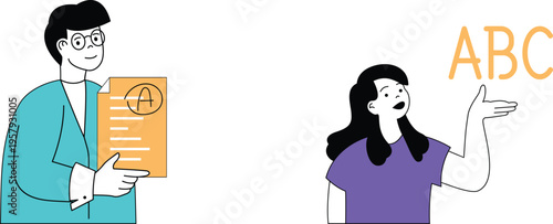 Teacher explaining alphabet basics to a curious student