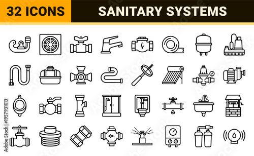 Plumbing and Sanitary Engineering Minimalist Monoline Outline Icon Set Featuring Industrial Pipes, Valves, Faucets, and Maintenance Tools