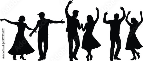 Dancing people silhouettes collection, happy men and women party dancers celebrating music rhythm isolated black dance figures