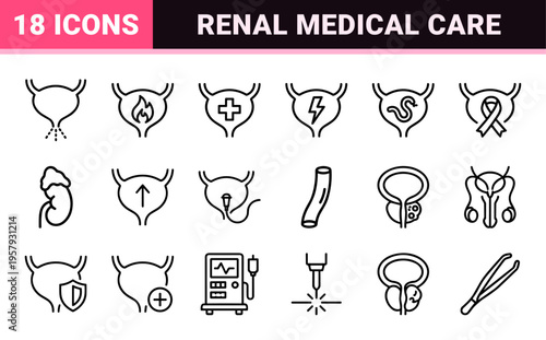 Urology and Bladder Health Diagnostic Outline Icons featuring Minimalist Geometric Symbols for Renal Medicine and Urinary System Pathology.
