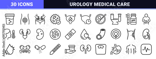 Urinary Tract Infection and Urology Health Monoline Icons. Professional Geometric Line Art for Medical Diagnostics and Bladder Wellness.