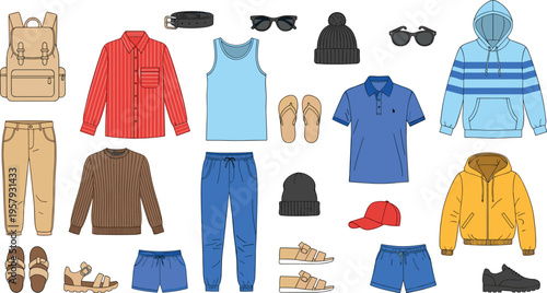 Men clothing collection set with shirts pants shorts hoodies shoes and accessories casual fashion flat vector illustration isolated on white background