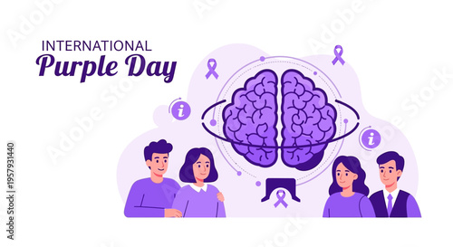 Illustration of people supporting epilepsy awareness with a purple brain and ribbons on International Purple Day against a clean white background.