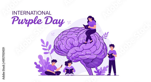Illustration of people supporting epilepsy awareness with a large purple brain and purple ribbon on International Purple Day for global health awareness and neurological disorder support.