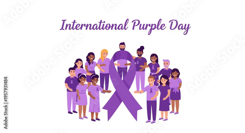Illustration of diverse people standing around a large purple ribbon on International Purple Day for epilepsy awareness with a purple theme.