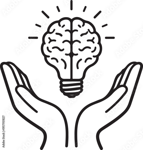 Mind and Idea Symbol, Brain Lamp with Caring Hands Vector - Creativity and Knowledge Icon, Brain Light Bulb Care Concept