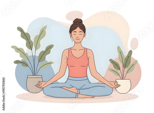 Illustration of A beautiful young woman is meditating in the lotus position with a calm smile to practice mindfulness and relieve stress.