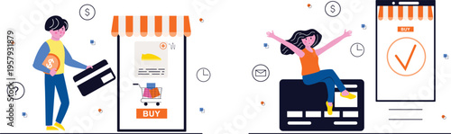 E-commerce shopping experience illustrated with joyful and practical elements