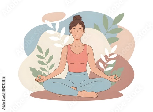 Illustration of A beautiful young woman is meditating in the lotus position with a calm smile to practice mindfulness and relieve stress.
