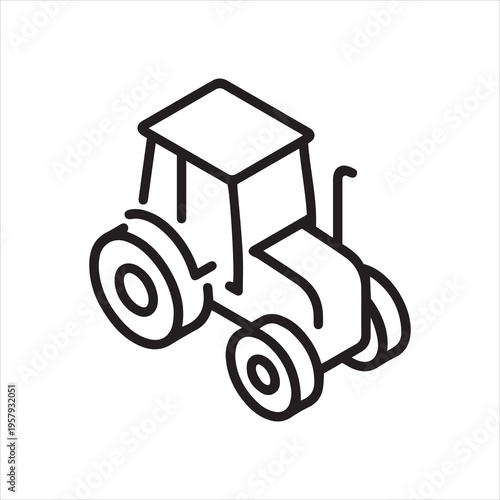 Isometric tractor turning left, linear icon. Farm vehicle or cultivation machinery. Line with editable stroke.