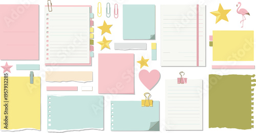 Pastel stationery notes and planner elements set with sticky papers clips stars and notebook pages flat vector illustration isolated on white background
